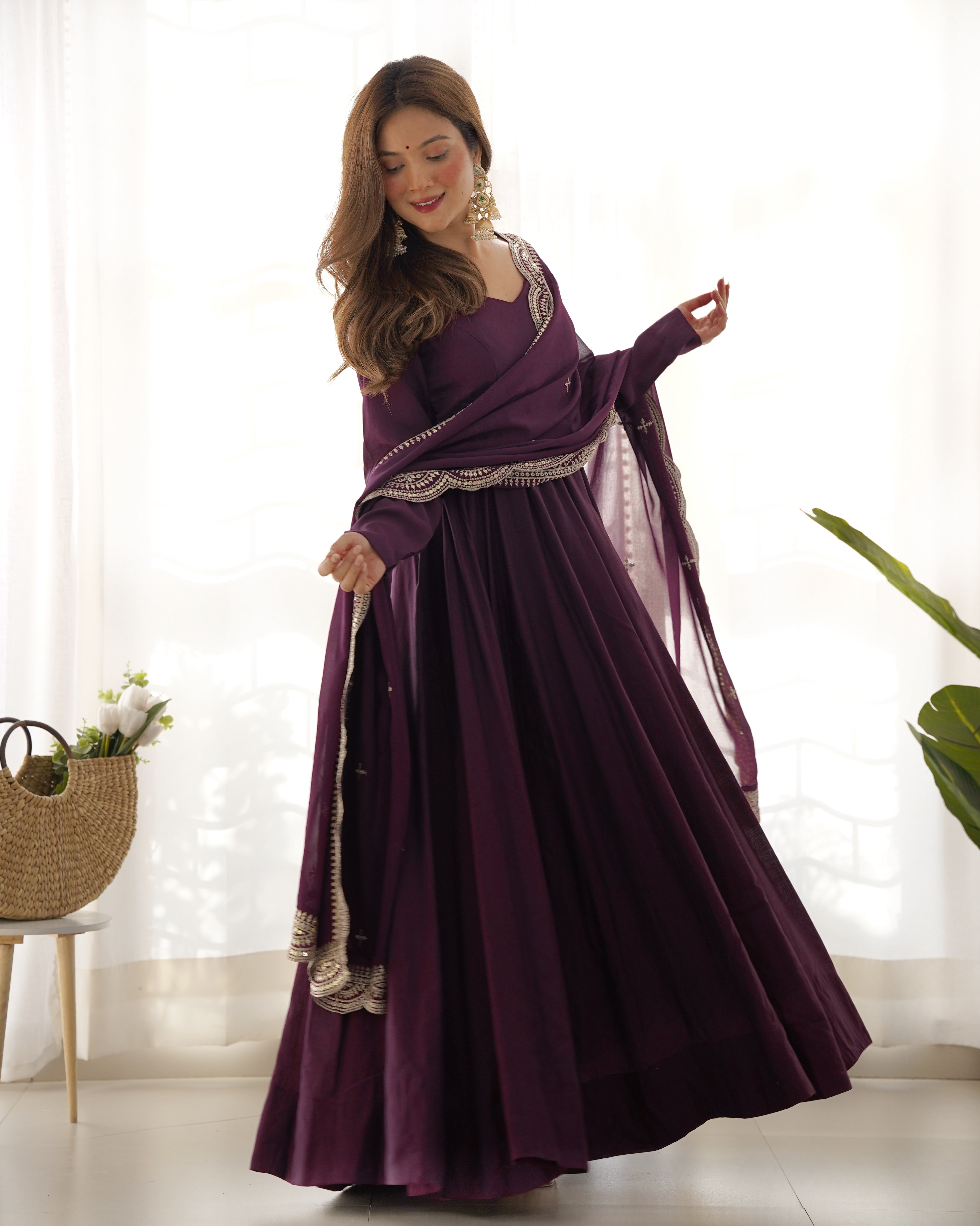 Premium Quality Pure Romansilk Chanderi Fabric Fully Flair Anarkali With Dupatta Set, Pent Ready To Wear-Wine
