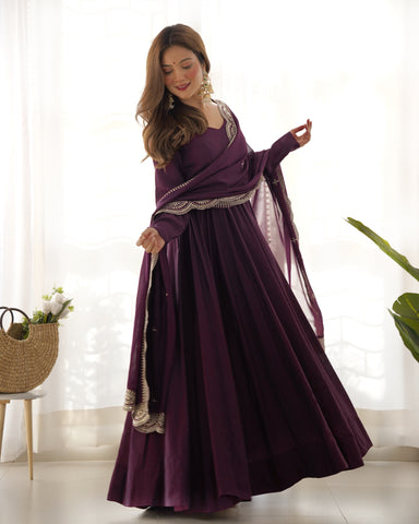 Premium Quality Pure Romansilk Chanderi Fabric Fully Flair Anarkali With Dupatta Set, Pent Ready To Wear-Wine
