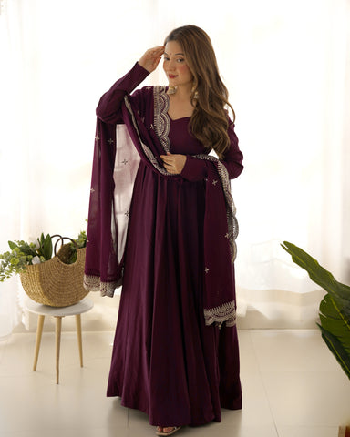 Premium Quality Pure Romansilk Chanderi Fabric Fully Flair Anarkali With Dupatta Set, Pent Ready To Wear-Wine
