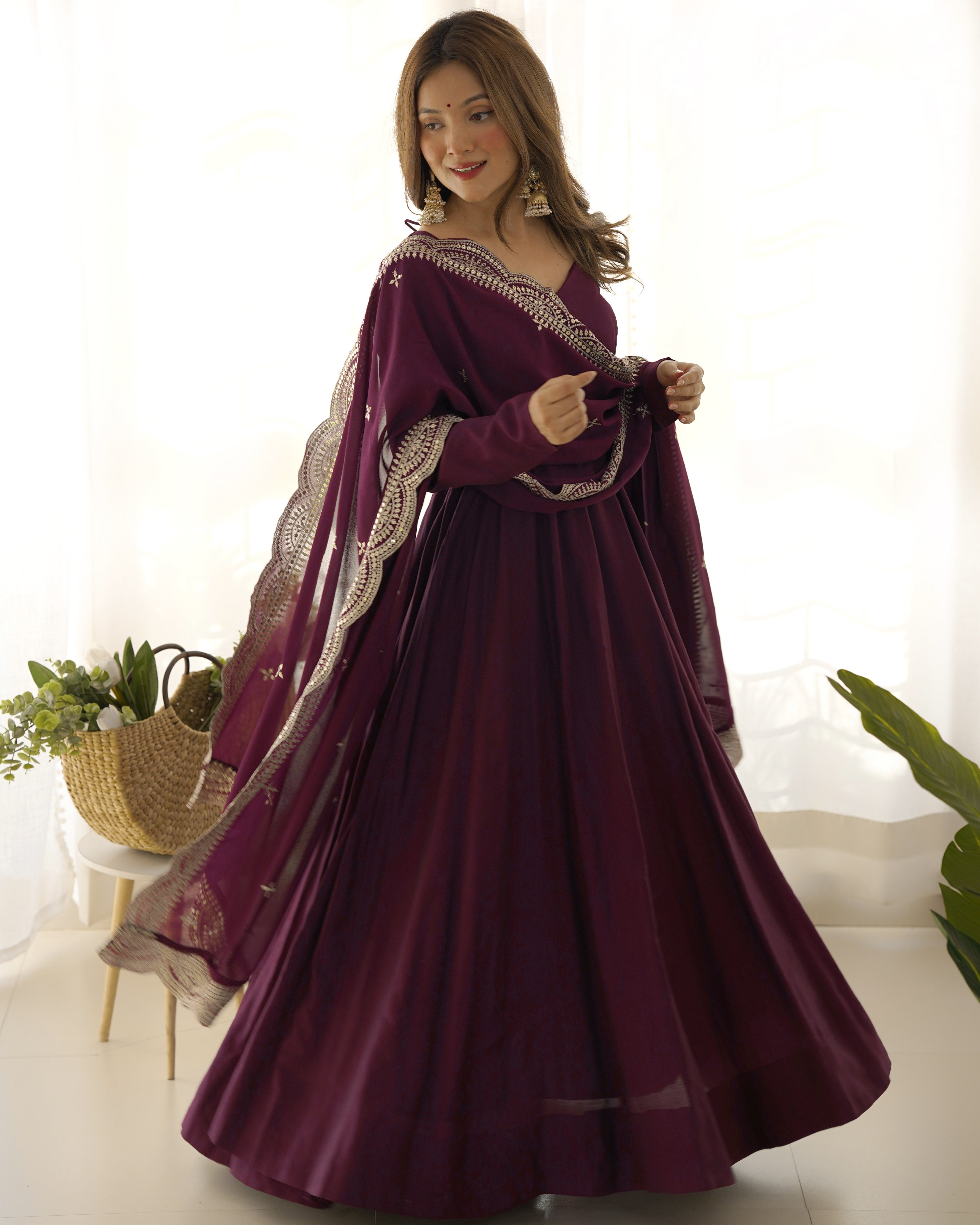 Premium Quality Pure Romansilk Chanderi Fabric Fully Flair Anarkali With Dupatta Set, Pent Ready To Wear-Wine
