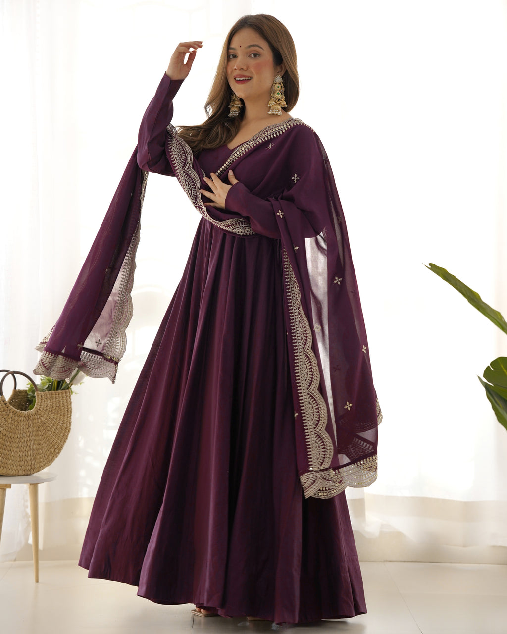 Premium Quality Pure Romansilk Chanderi Fabric Fully Flair Anarkali With Dupatta Set, Pent Ready To Wear-Wine
