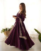 Premium Quality Pure Romansilk Chanderi Fabric Fully Flair Anarkali With Dupatta Set, Pent Ready To Wear-Wine
