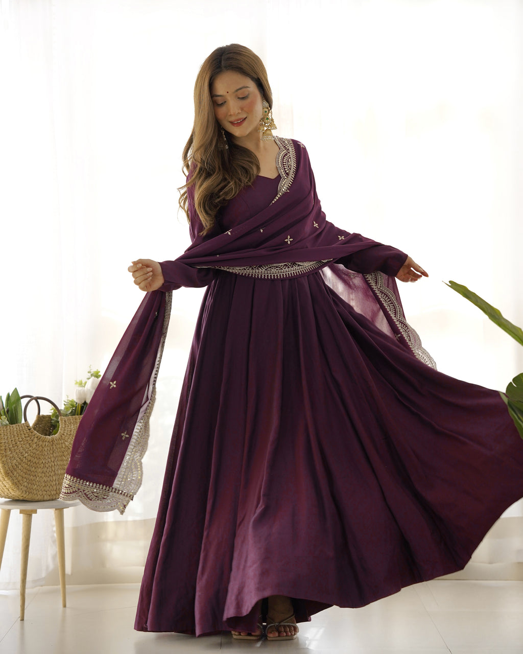 Premium Quality Pure Romansilk Chanderi Fabric Fully Flair Anarkali With Dupatta Set, Pent Ready To Wear-Wine
