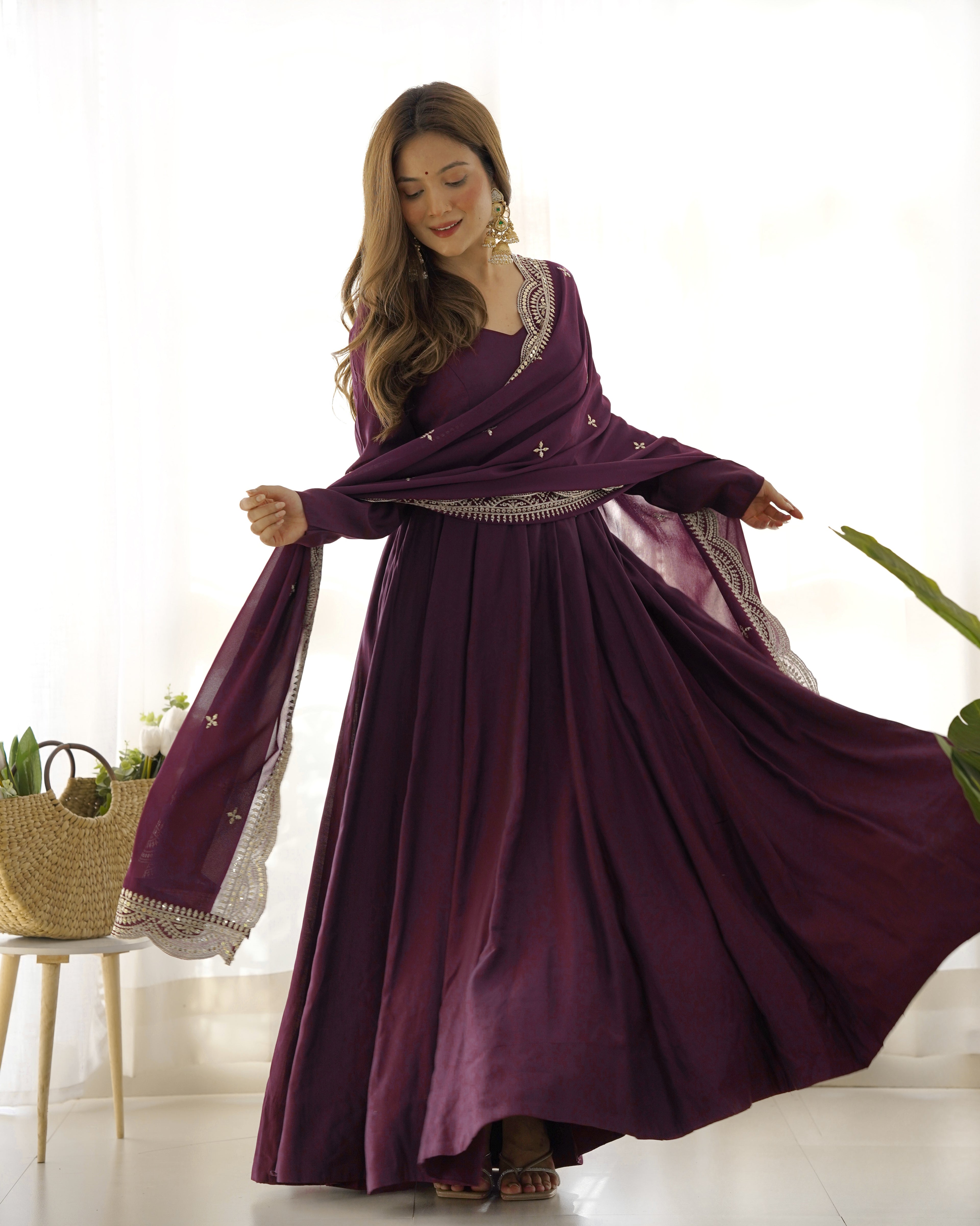 Premium Quality Pure Romansilk Chanderi Fabric Fully Flair Anarkali With Dupatta Set, Pent Ready To Wear-Wine
