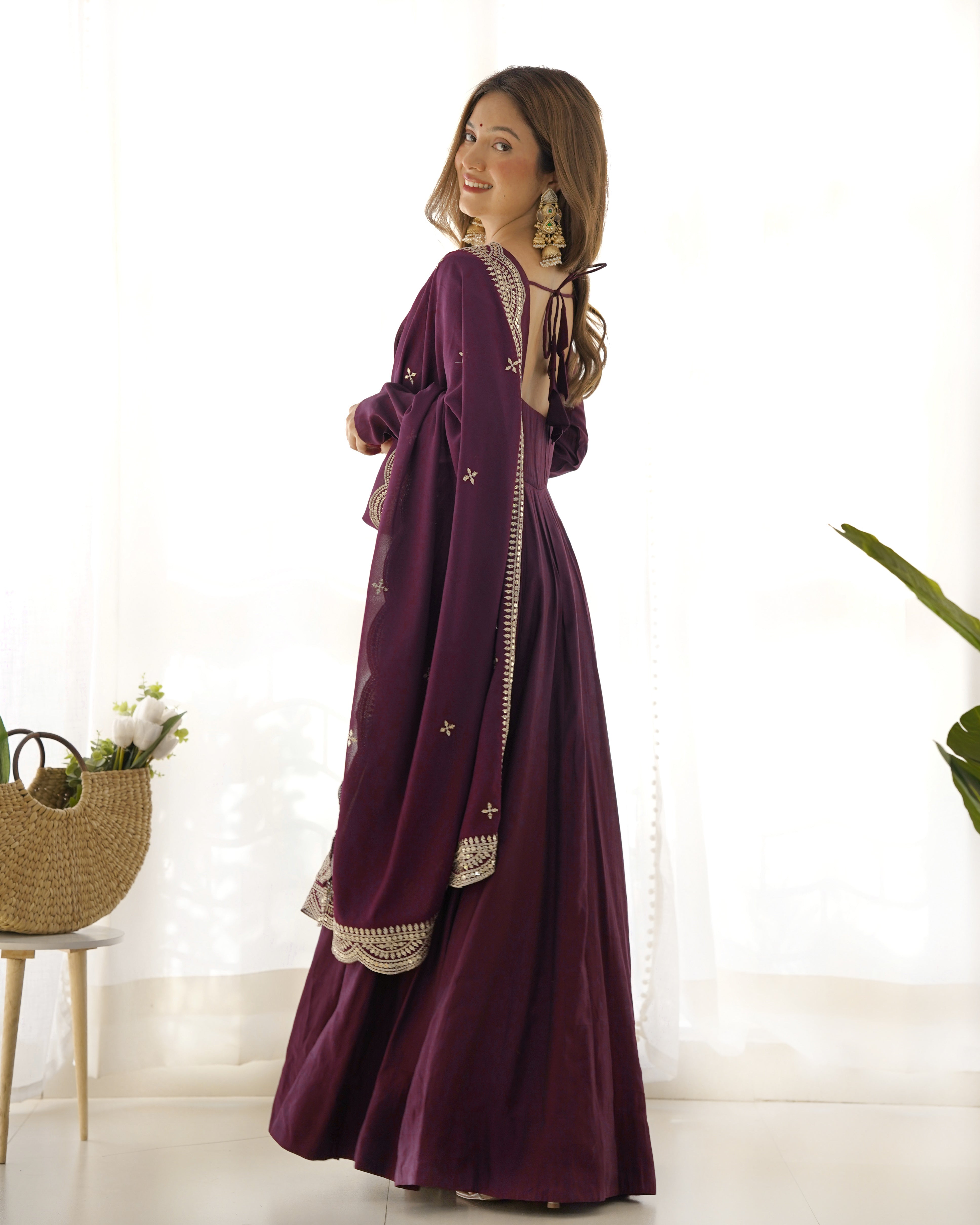 Premium Quality Pure Romansilk Chanderi Fabric Fully Flair Anarkali With Dupatta Set, Pent Ready To Wear-Wine
