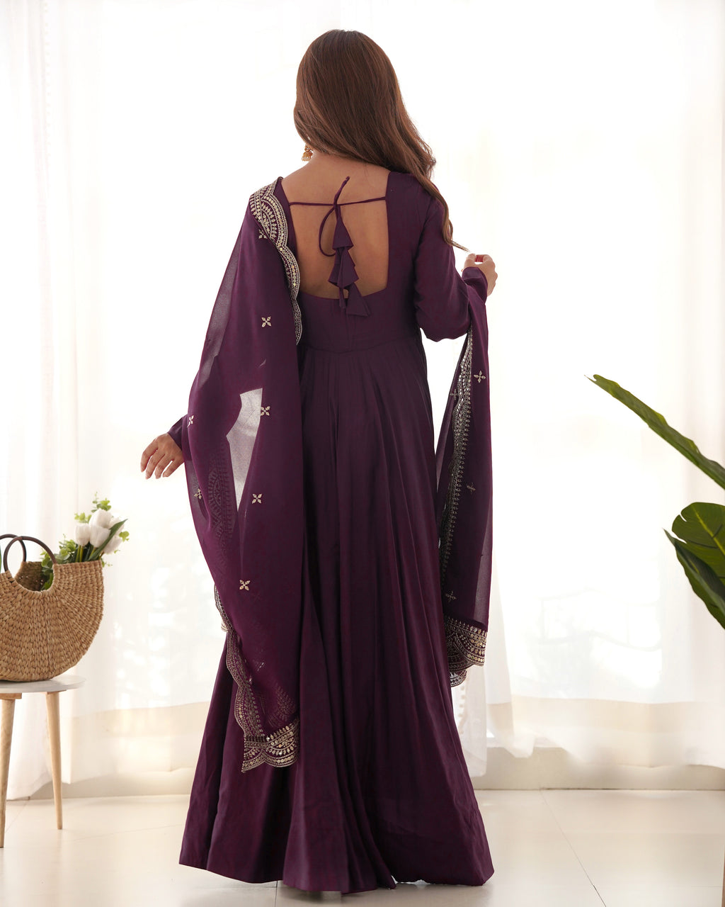 Premium Quality Pure Romansilk Chanderi Fabric Fully Flair Anarkali With Dupatta Set, Pent Ready To Wear-Wine
