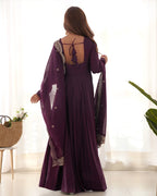 Premium Quality Pure Romansilk Chanderi Fabric Fully Flair Anarkali With Dupatta Set, Pent Ready To Wear-Wine

