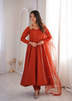 Premium Rust Roman Silk Chanderi Anarkali Gown with Dupatta
