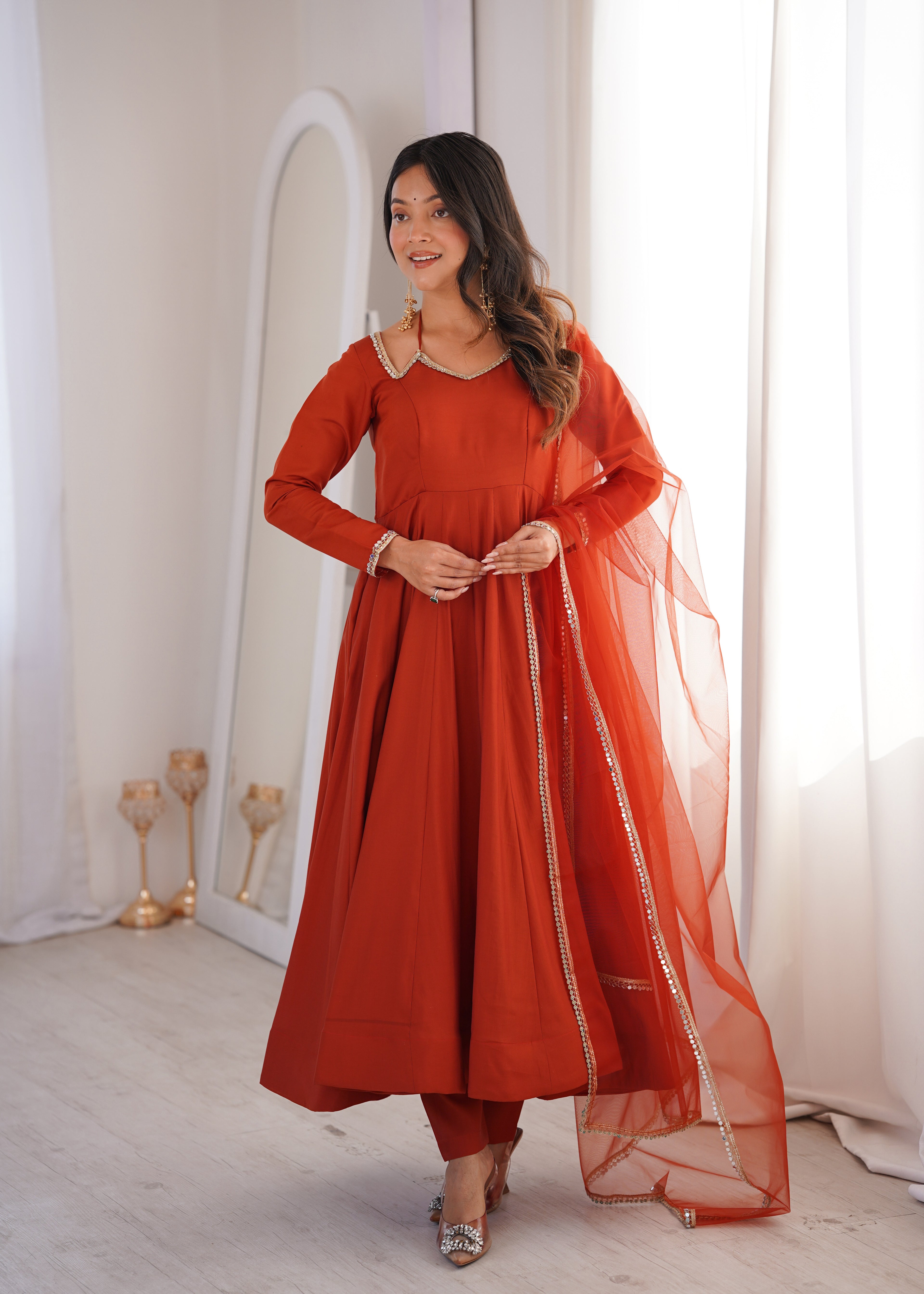 Premium Rust Roman Silk Chanderi Anarkali Gown with Dupatta
