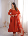 Premium Rust Roman Silk Chanderi Anarkali Gown with Dupatta