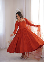 Premium Rust Roman Silk Chanderi Anarkali Gown with Dupatta
