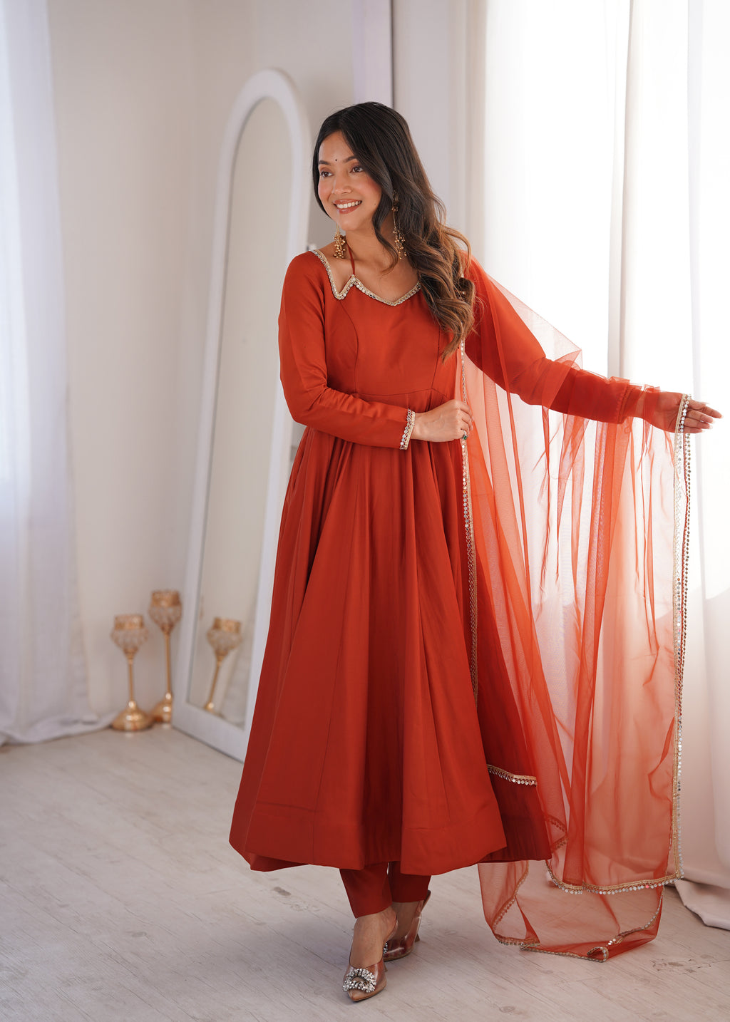 Premium Rust Roman Silk Chanderi Anarkali Gown with Dupatta

