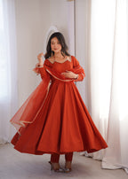 Premium Rust Roman Silk Chanderi Anarkali Gown with Dupatta
