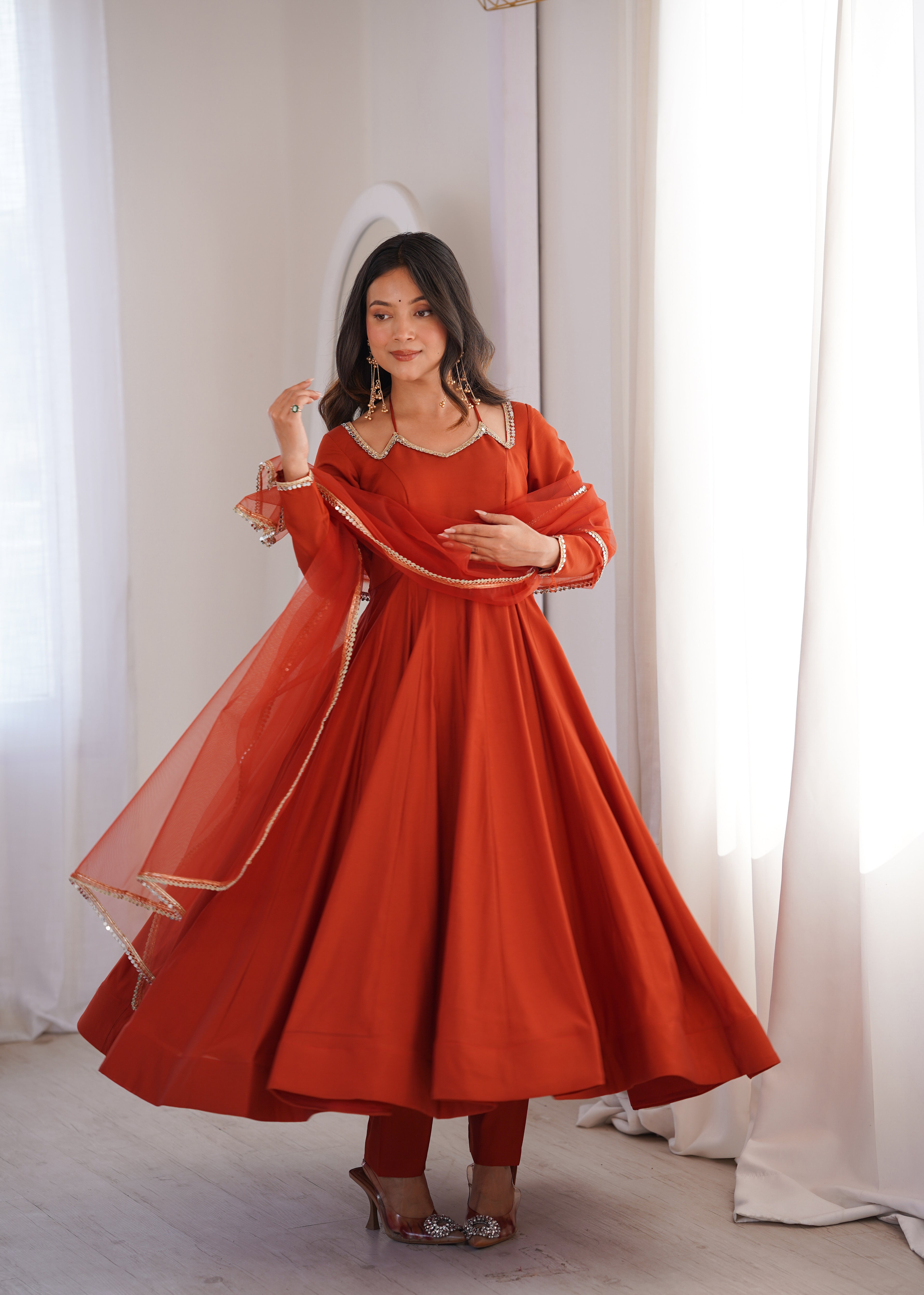Premium Rust Roman Silk Chanderi Anarkali Gown with Dupatta
