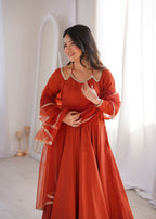 Premium Rust Roman Silk Chanderi Anarkali Gown with Dupatta
