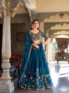 Premium Rangoli Silk Heavy Zari Dori Sequins Embroidered Lehenga Set with Cutwork Dupatta
