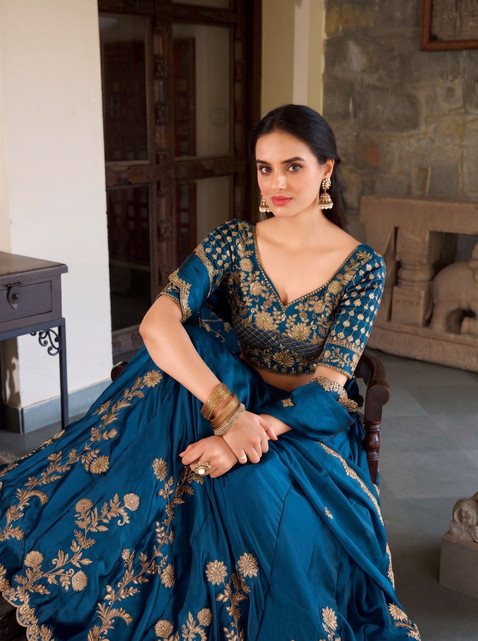 Premium Rangoli Silk Heavy Zari Dori Sequins Embroidered Lehenga Set with Cutwork Dupatta
