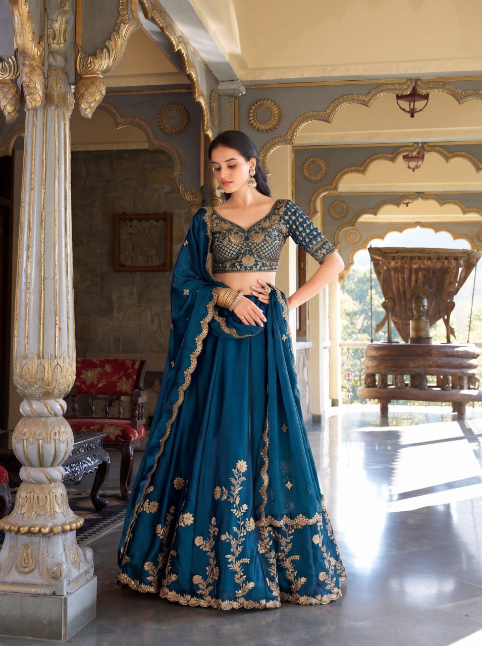 Premium Rangoli Silk Heavy Zari Dori Sequins Embroidered Lehenga Set with Cutwork Dupatta
