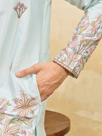 Premium Sky Viscose Silk Embroidered Work Kurta Set For Festive Occasion
