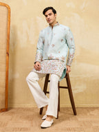 Premium Sky Viscose Silk Embroidered Work Kurta Set For Festive Occasion
