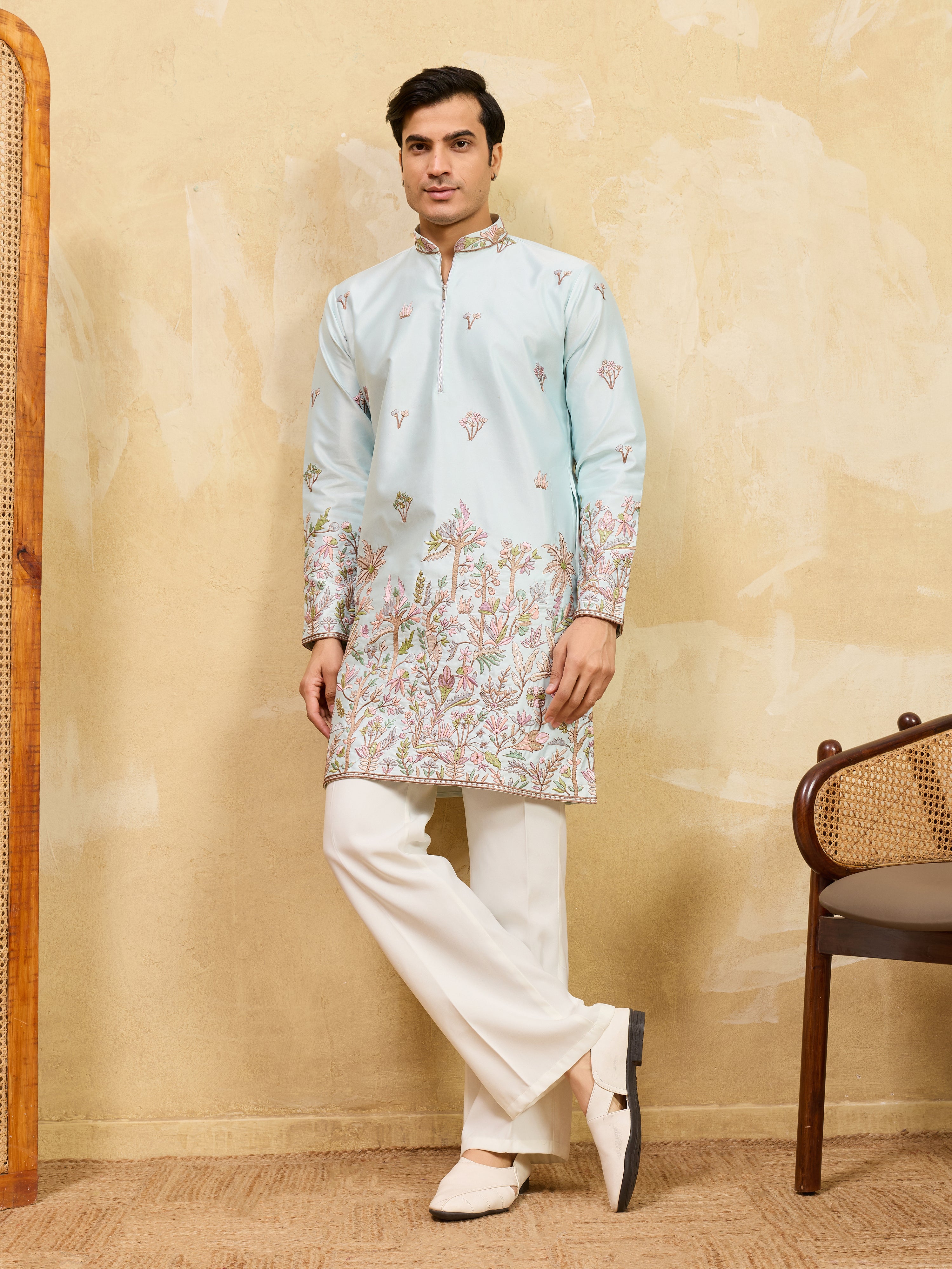 Premium Sky Viscose Silk Embroidered Work Kurta Set For Festive Occasion
