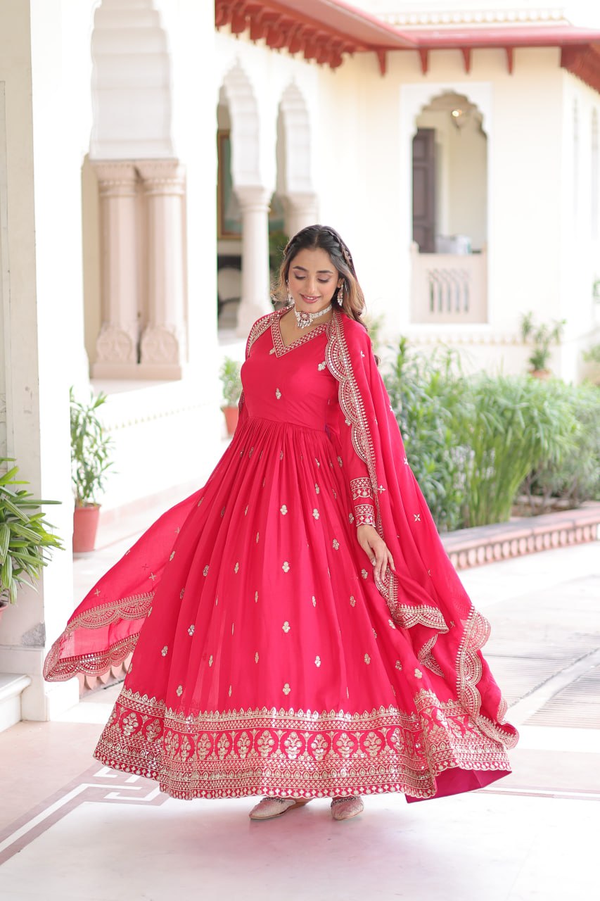 Premium Vichitra Silk Designer Gown And Dupatta Set
