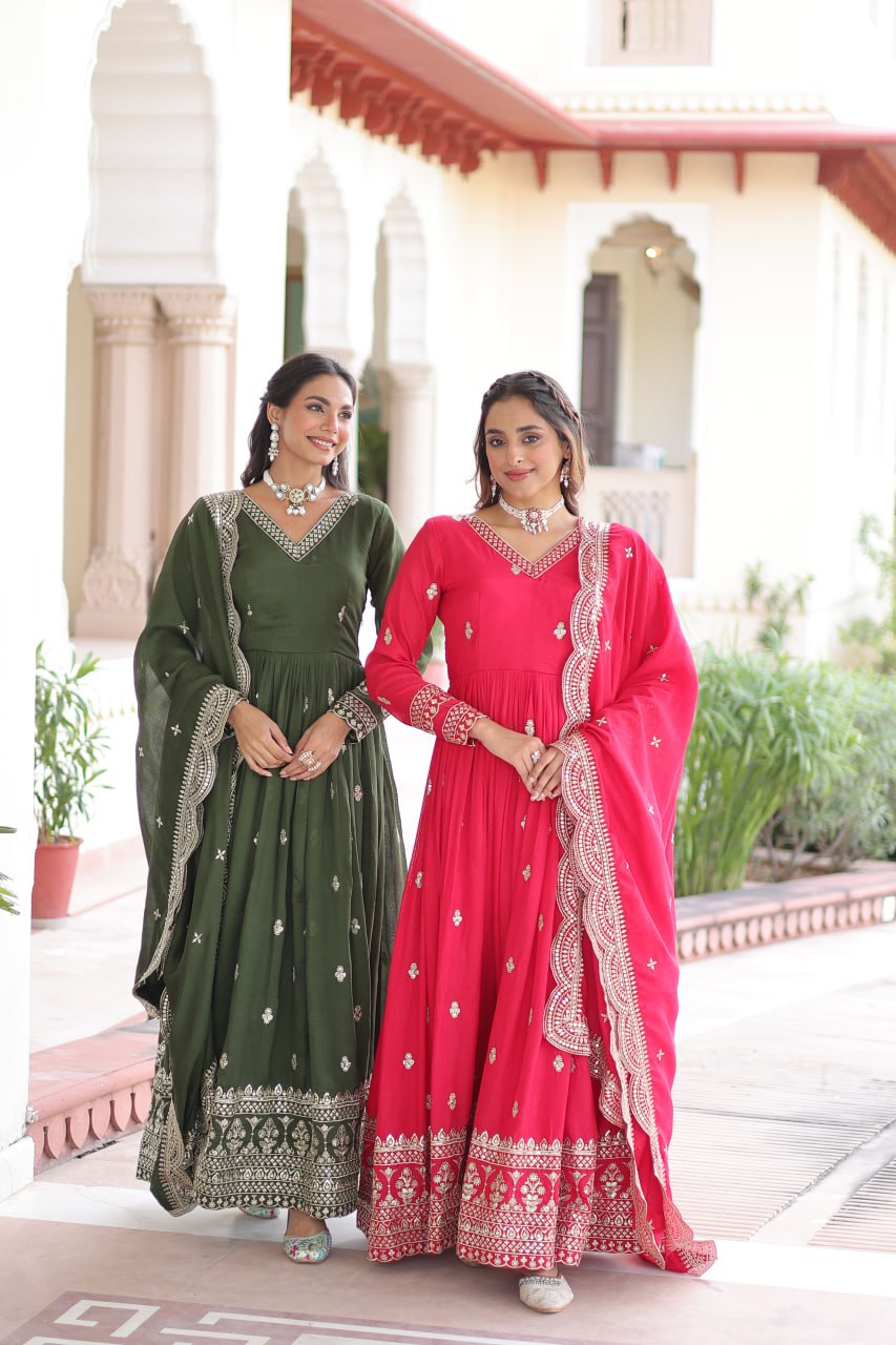 Premium Vichitra Silk Designer Gown And Dupatta Set
