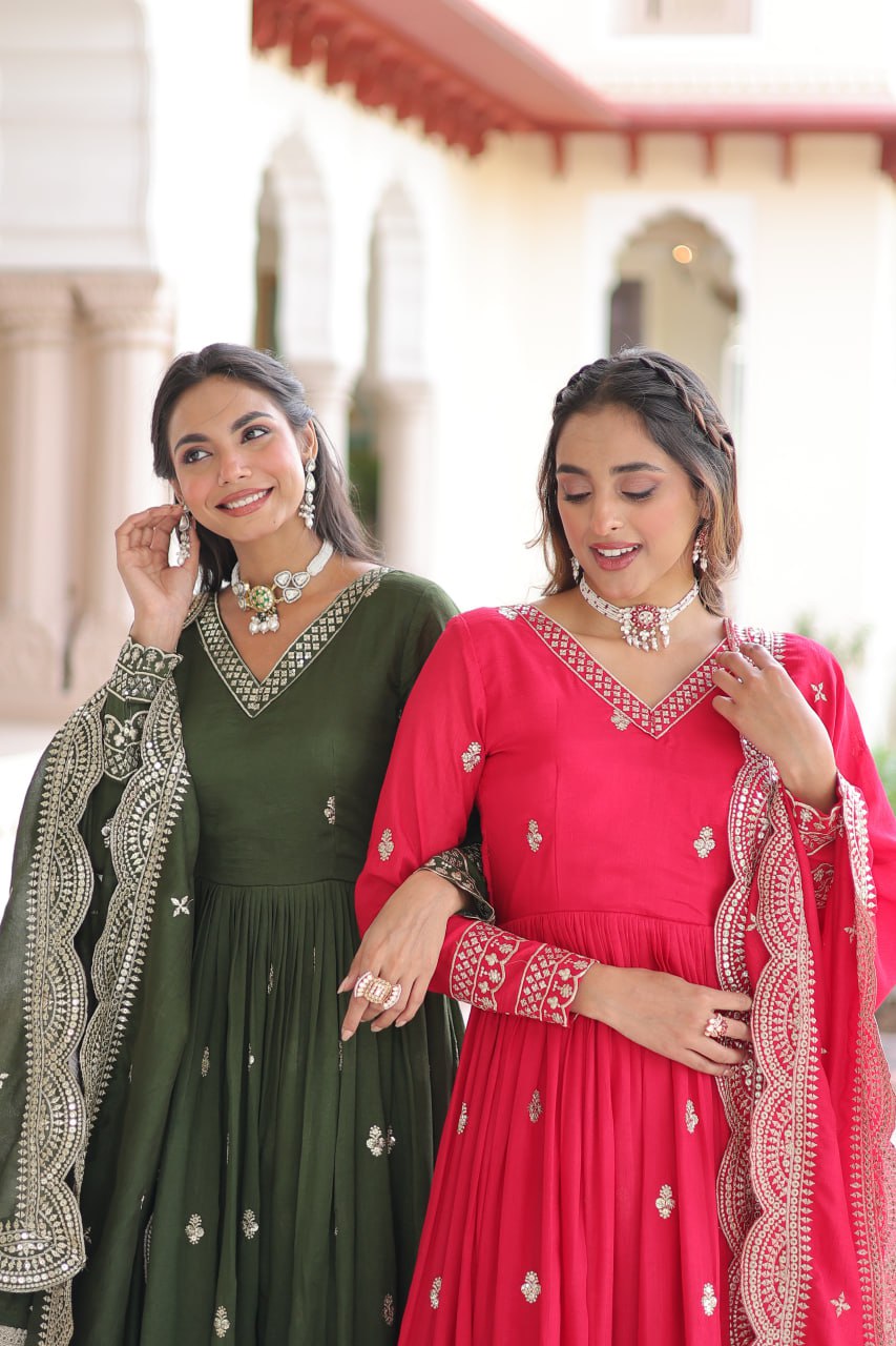 Premium Vichitra Silk Designer Gown And Dupatta Set

