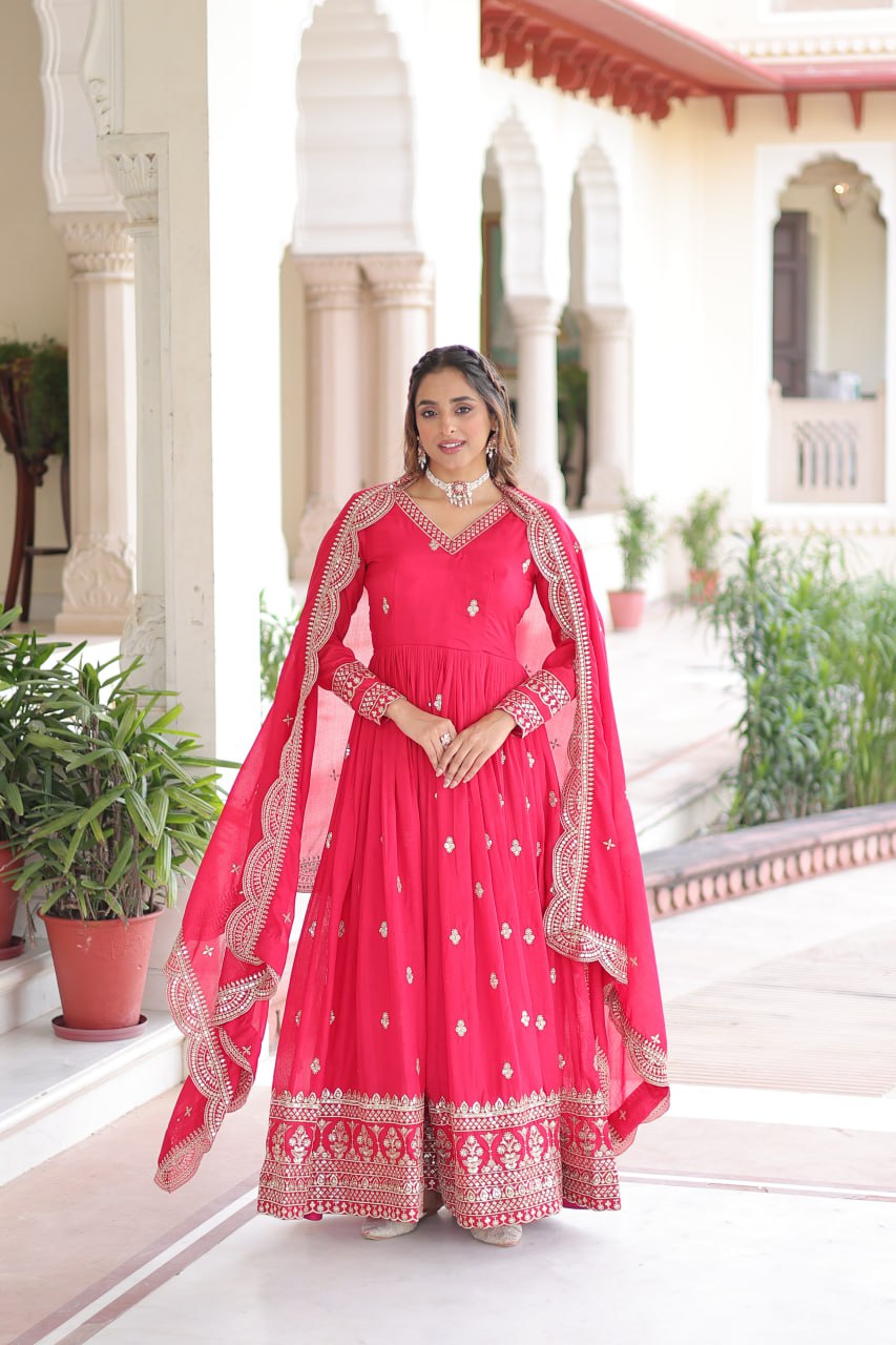 Premium Vichitra Silk Designer Gown And Dupatta Set
