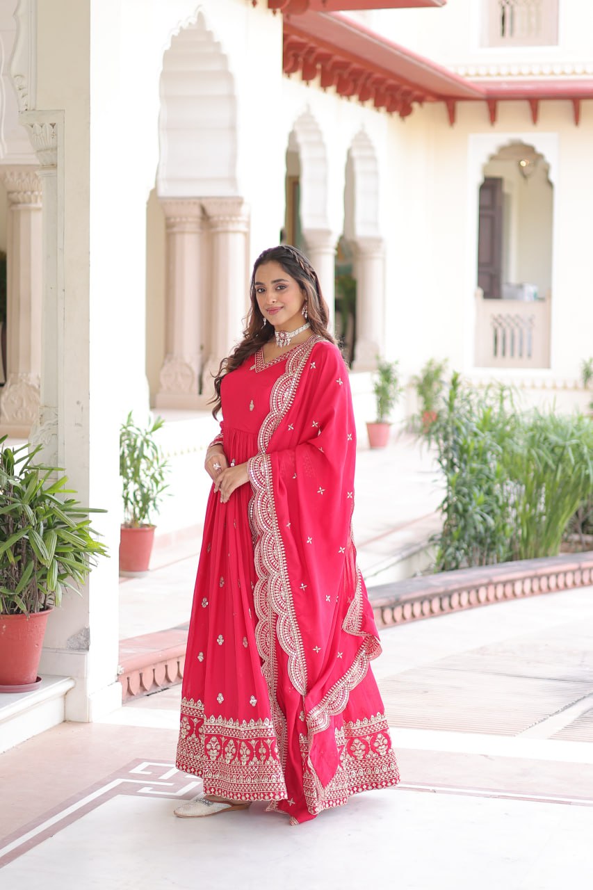Premium Vichitra Silk Designer Gown And Dupatta Set
