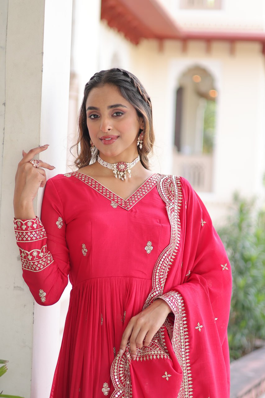 Premium Vichitra Silk Designer Gown And Dupatta Set
