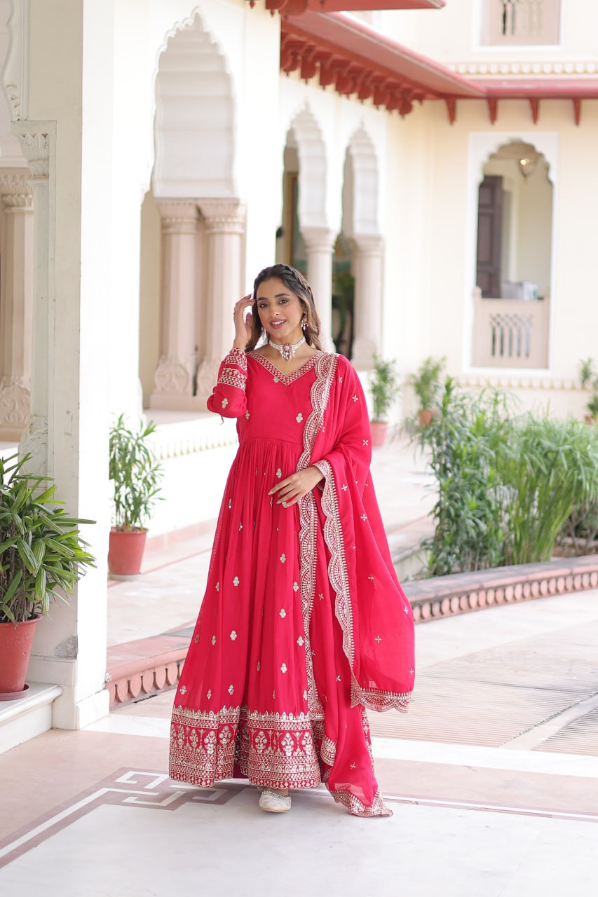 Premium Vichitra Silk Designer Gown And Dupatta Set
