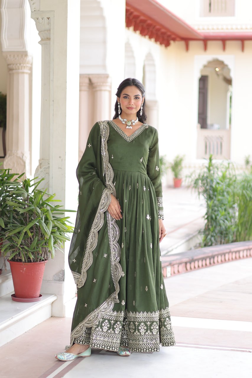 Premium Vichitra Silk Designer Gown And Dupatta Set
