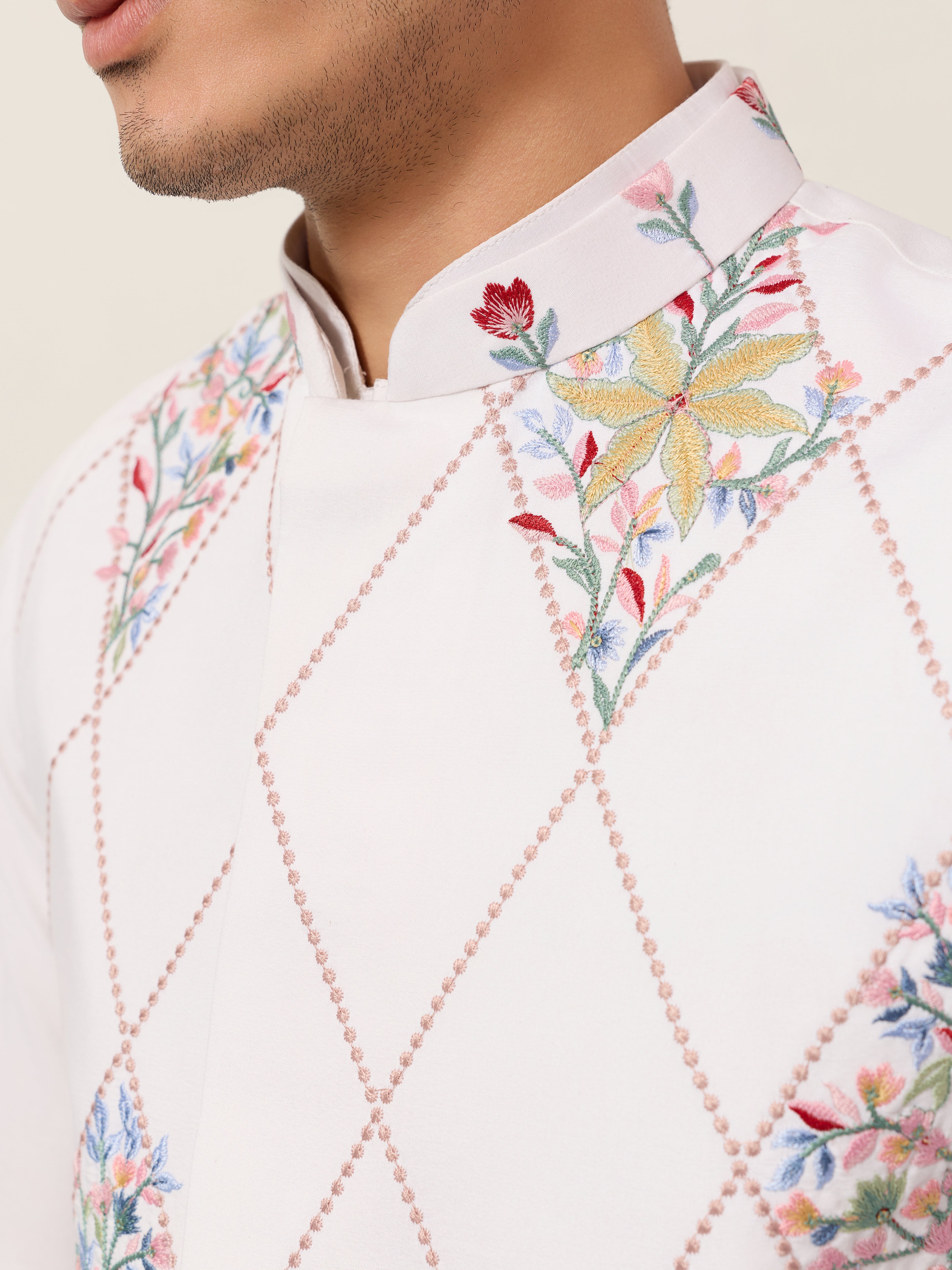 Elegant Wedding Special White Koti Kurta Pajama Set
