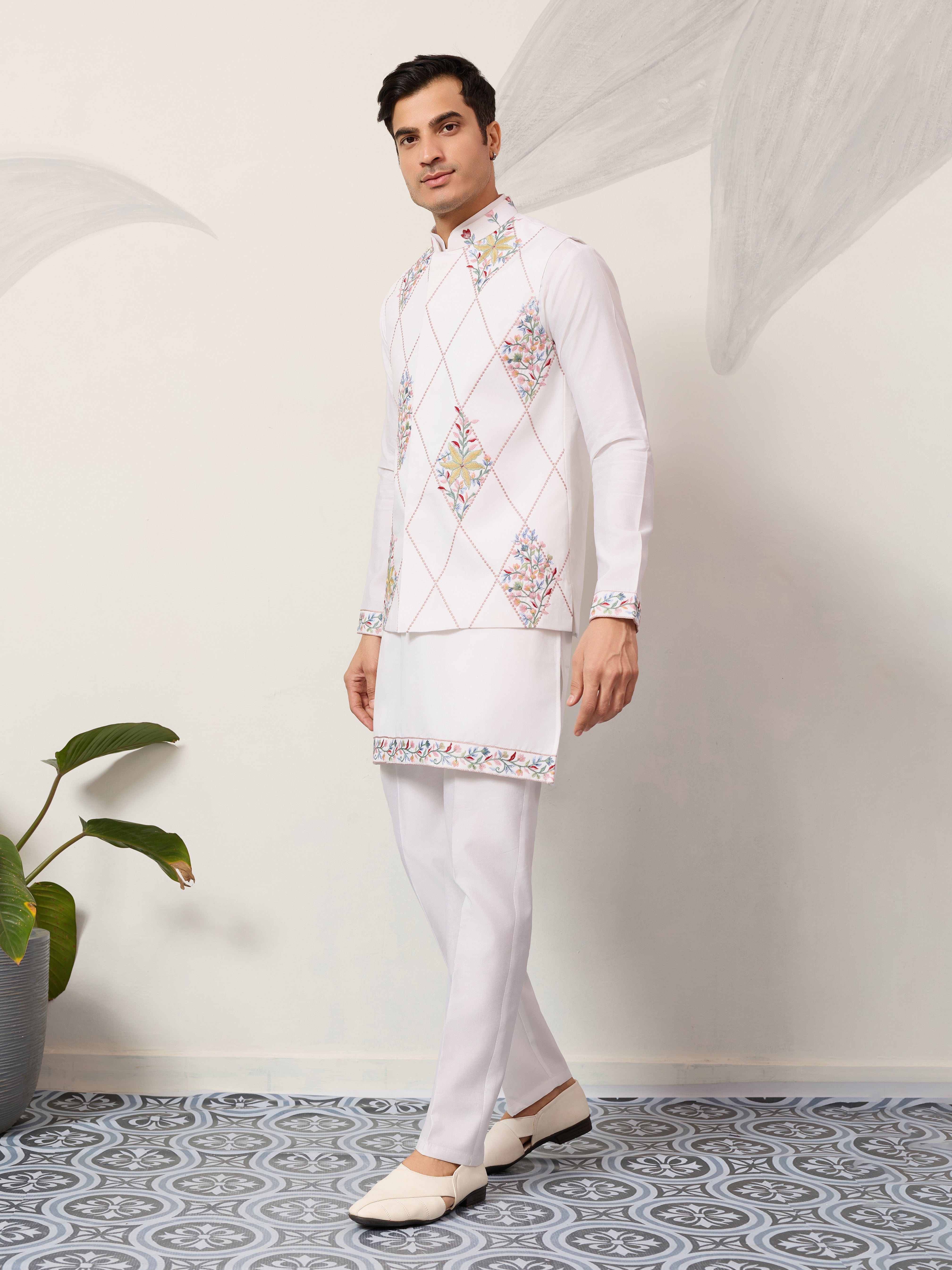 Elegant Wedding Special White Koti Kurta Pajama Set
