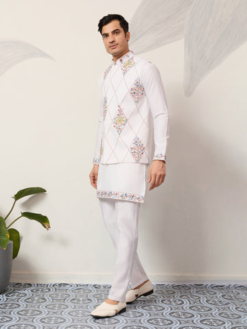 Elegant Wedding Special White Koti Kurta Pajama Set
