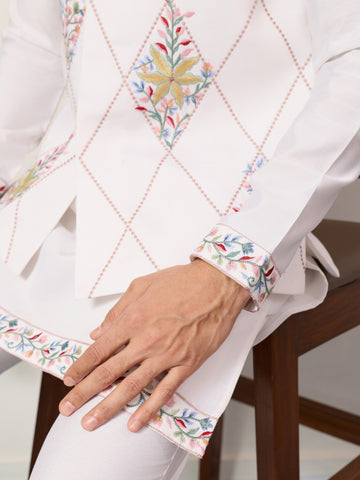 Elegant Wedding Special White Koti Kurta Pajama Set
