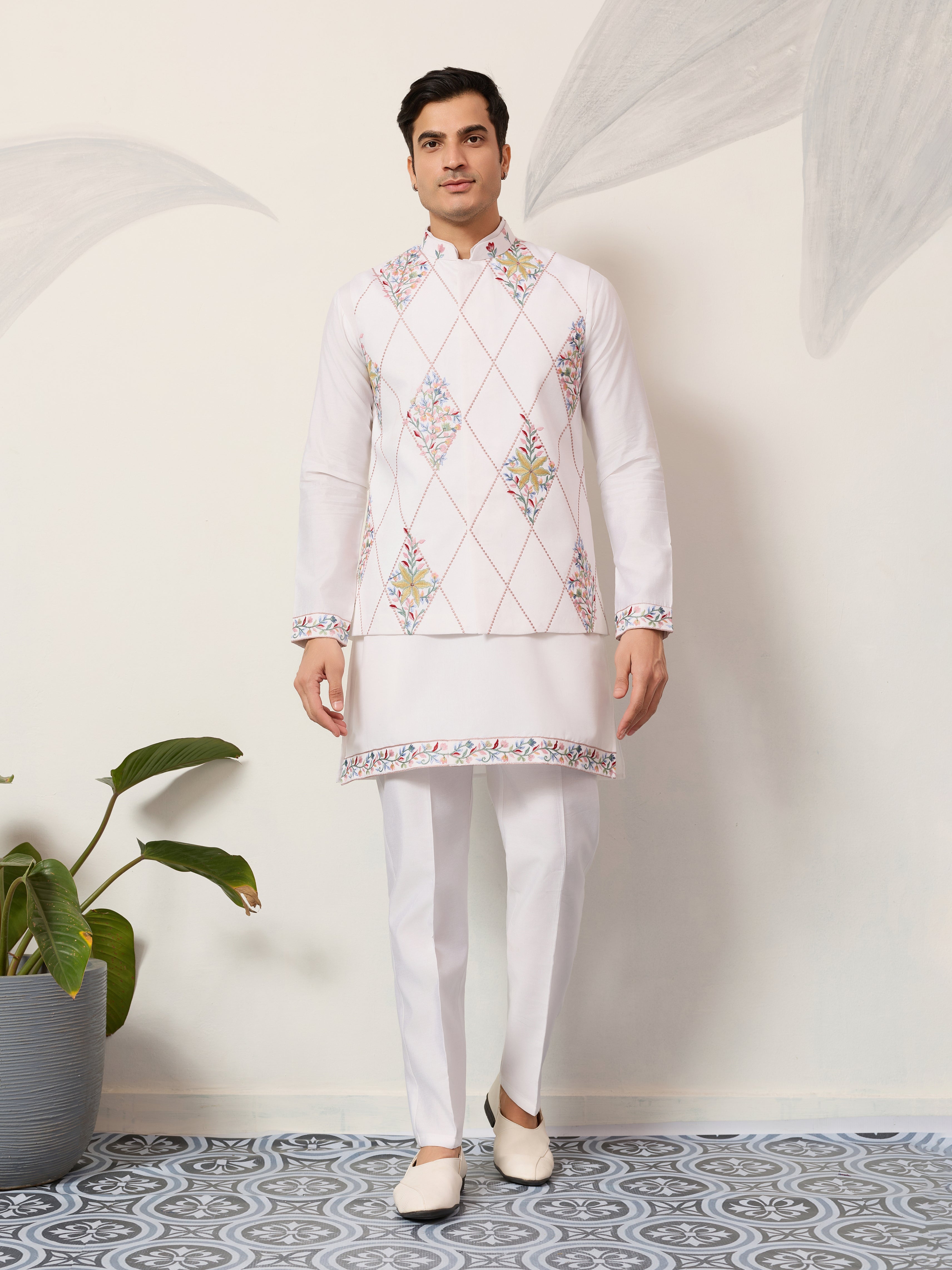Elegant Wedding Special White Koti Kurta Pajama Set
