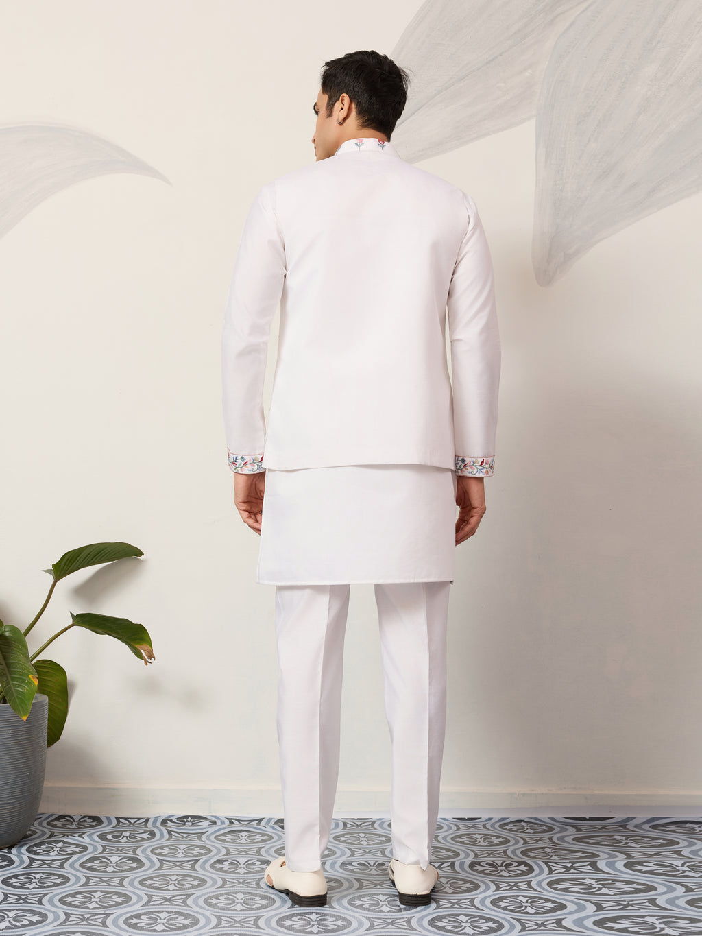 Elegant Wedding Special White Koti Kurta Pajama Set
