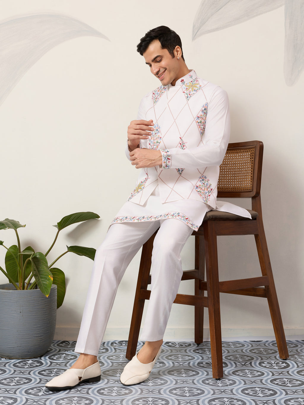 Elegant Wedding Special White Koti Kurta Pajama Set
