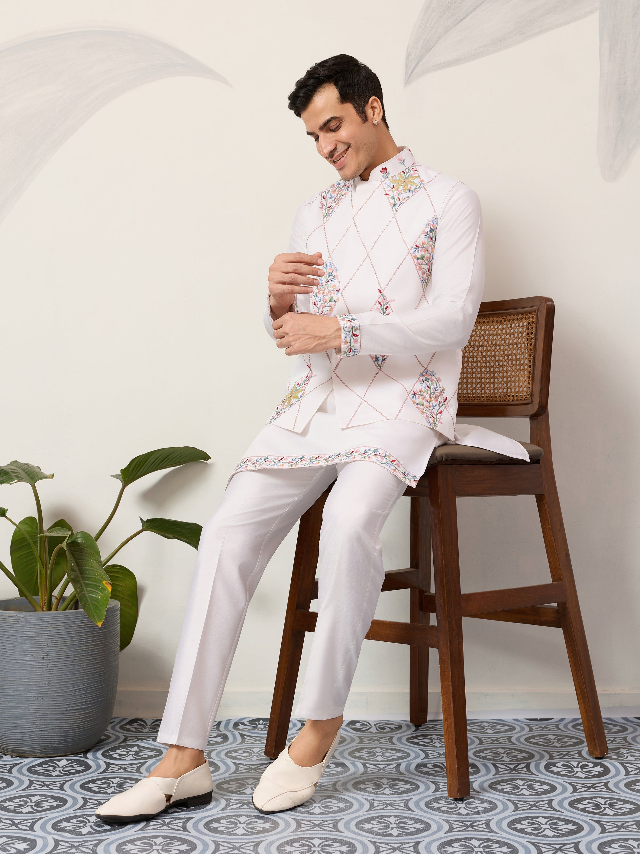 Elegant Wedding Special White Koti Kurta Pajama Set
