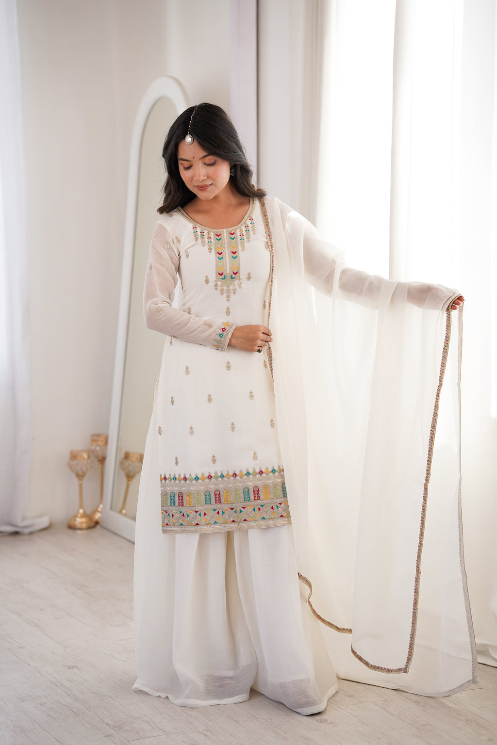 Premium White Crunchy Silk Kurta Set with Flared Sharara and Fancy Dupatta
