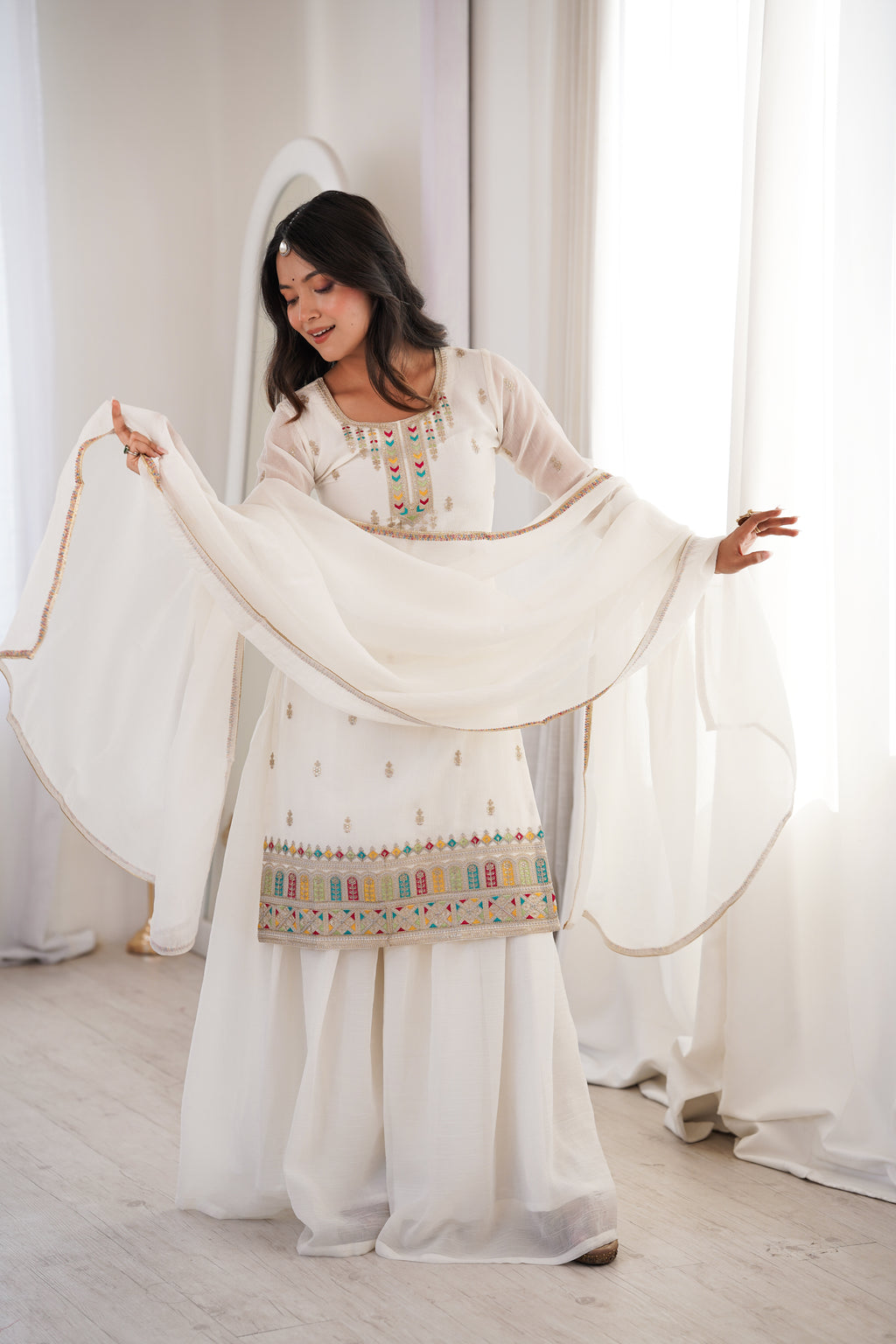 Premium White Crunchy Silk Kurta Set with Flared Sharara and Fancy Dupatta
