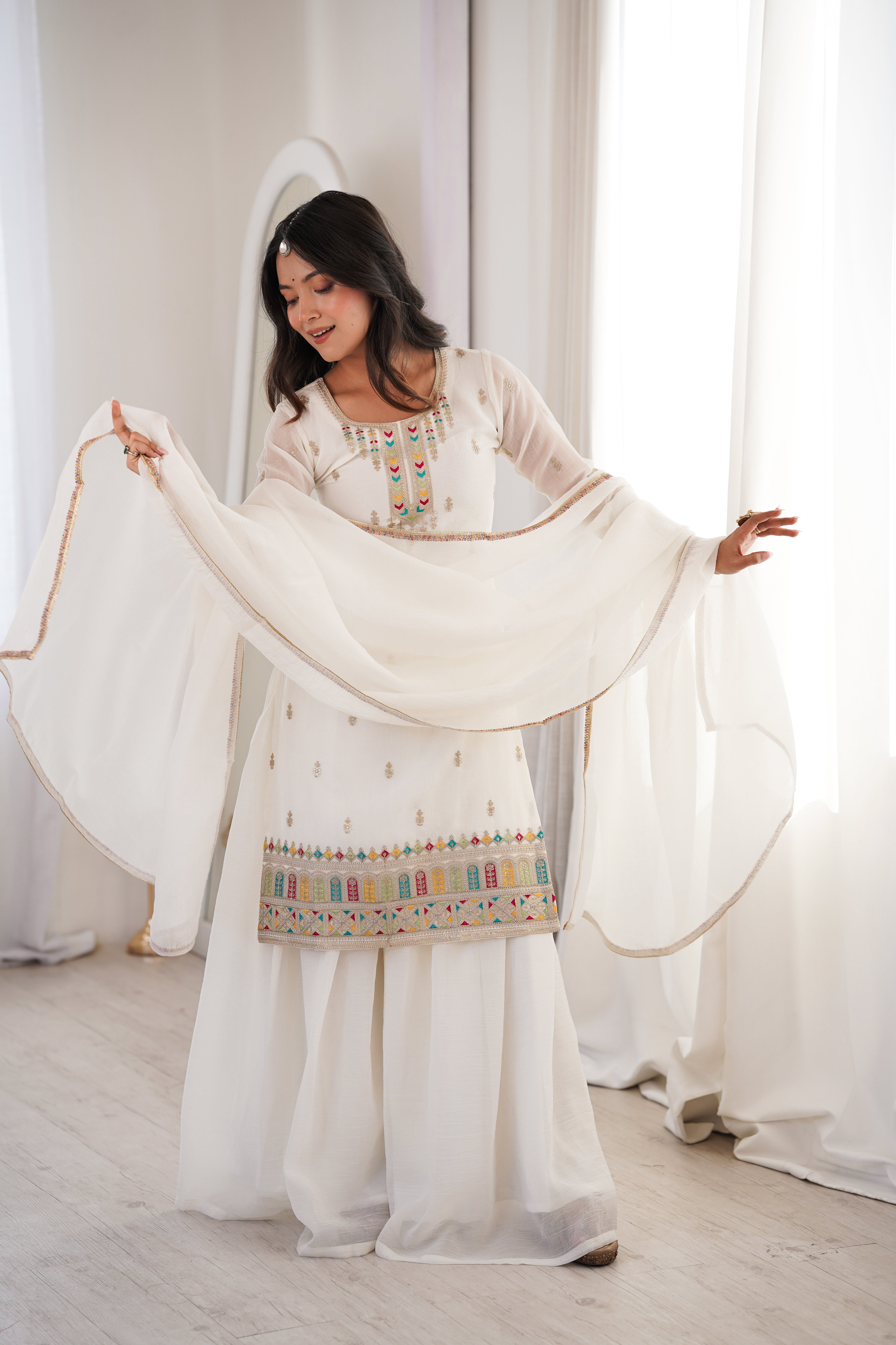 Premium White Crunchy Silk Kurta Set with Flared Sharara and Fancy Dupatta
