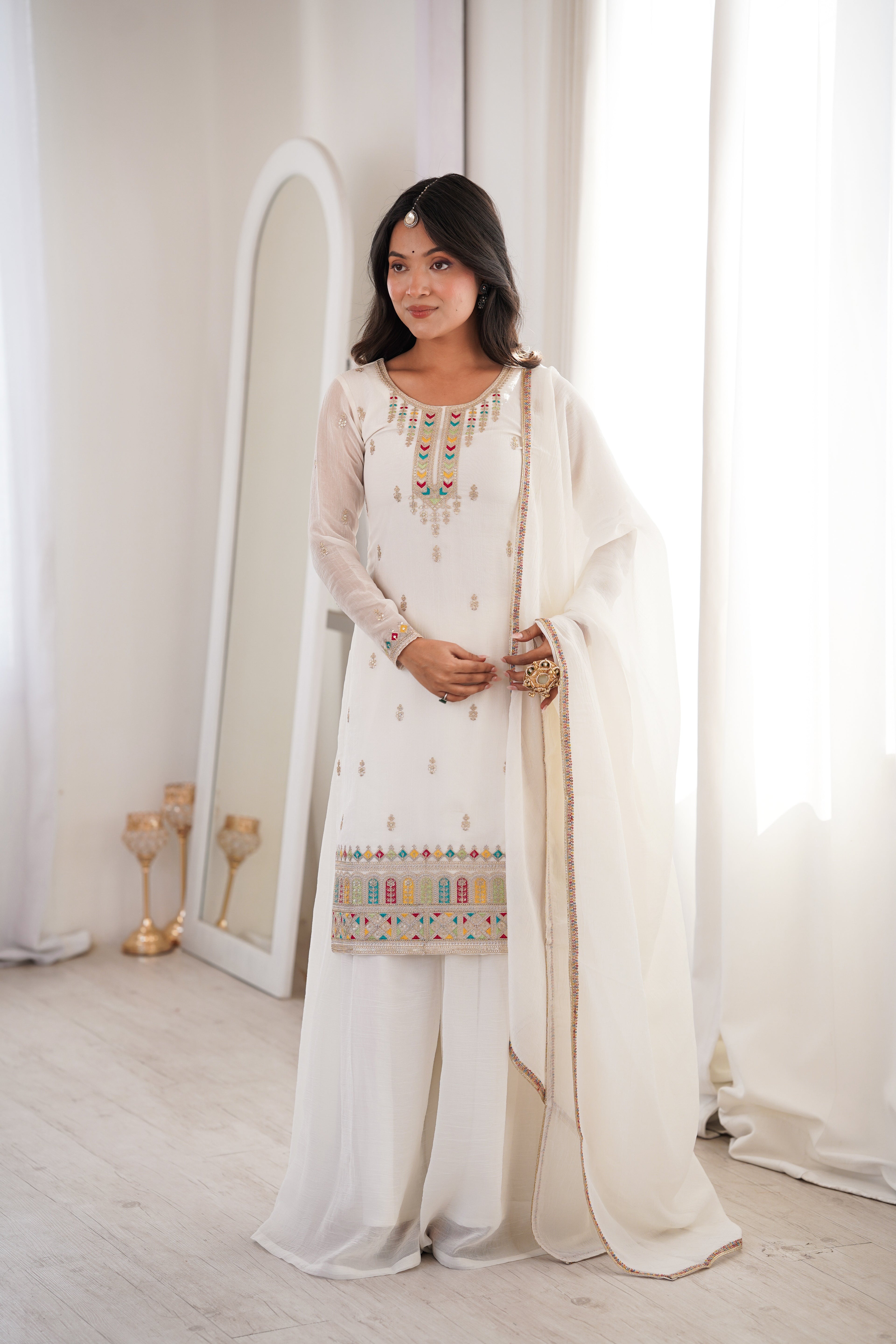 Premium White Crunchy Silk Kurta Set with Flared Sharara and Fancy Dupatta
