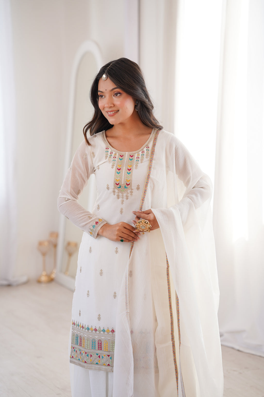 Premium White Crunchy Silk Kurta Set with Flared Sharara and Fancy Dupatta
