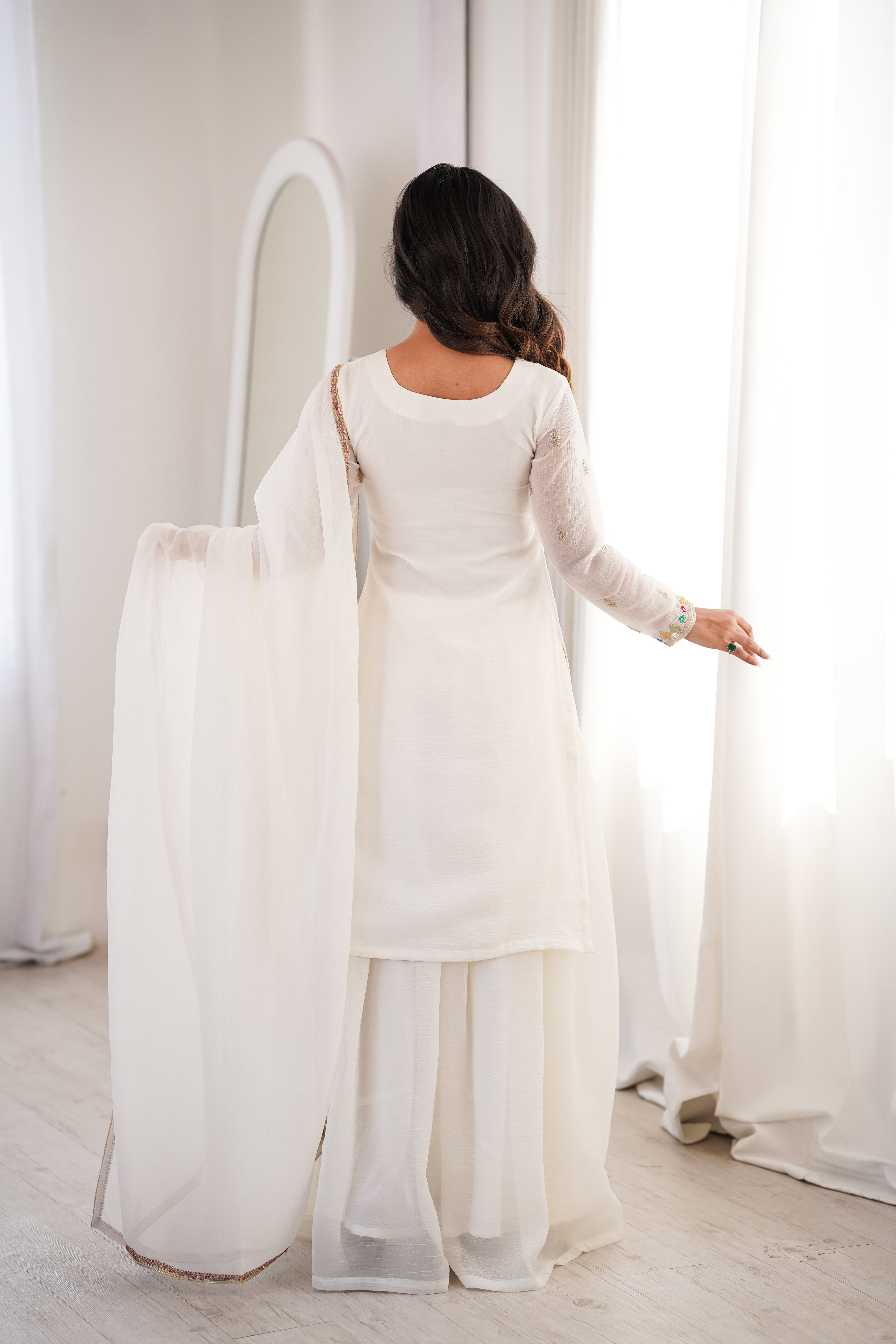Premium White Crunchy Silk Kurta Set with Flared Sharara and Fancy Dupatta
