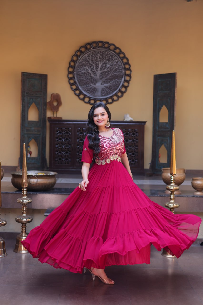 Premium Faux Blooming Zari Sequins Embroidered Gown for Women
