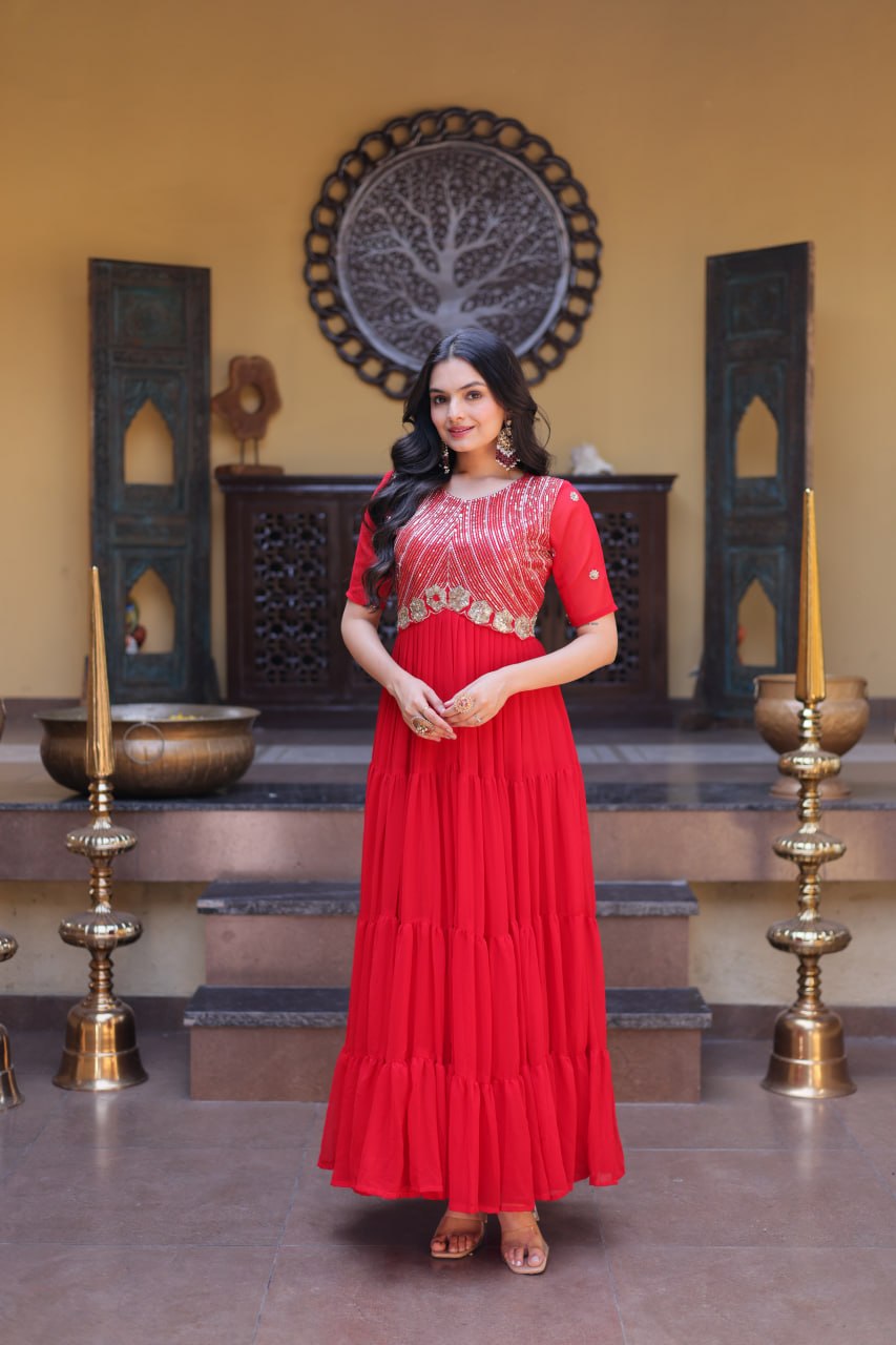 Premium Faux Blooming Zari Sequins Embroidered Gown for Women
