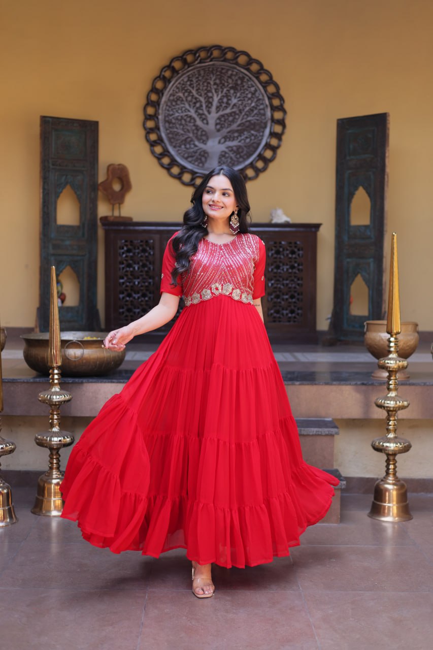Premium Faux Blooming Zari Sequins Embroidered Gown for Women
